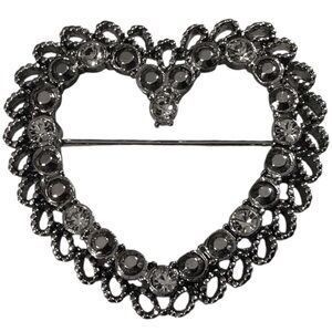 Openwork Heart Brooch Pendant Silver Tone Clear Rhinestones Costume Jewelry Vtg